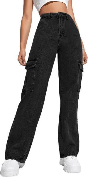 Haloumoning Girls Jeans Denim Elastic High Waisted Wide Leg Baggy Cargo Pants with Pockets 5-14 Years