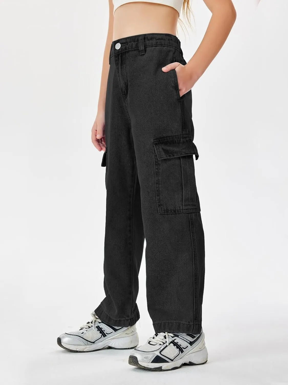 Haloumoning Girls Jeans Denim Elastic High Waisted Wide Leg Baggy Cargo Pants with Pockets 5-14 Years