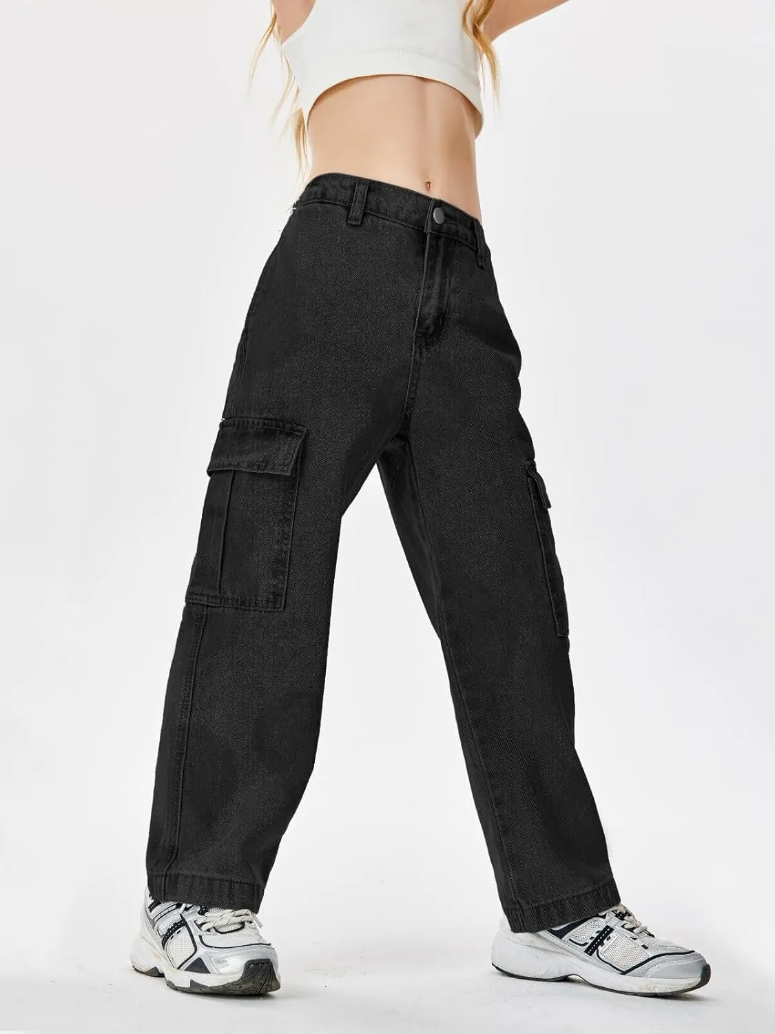 Haloumoning Girls Jeans Denim Elastic High Waisted Wide Leg Baggy Cargo Pants with Pockets 5-14 Years