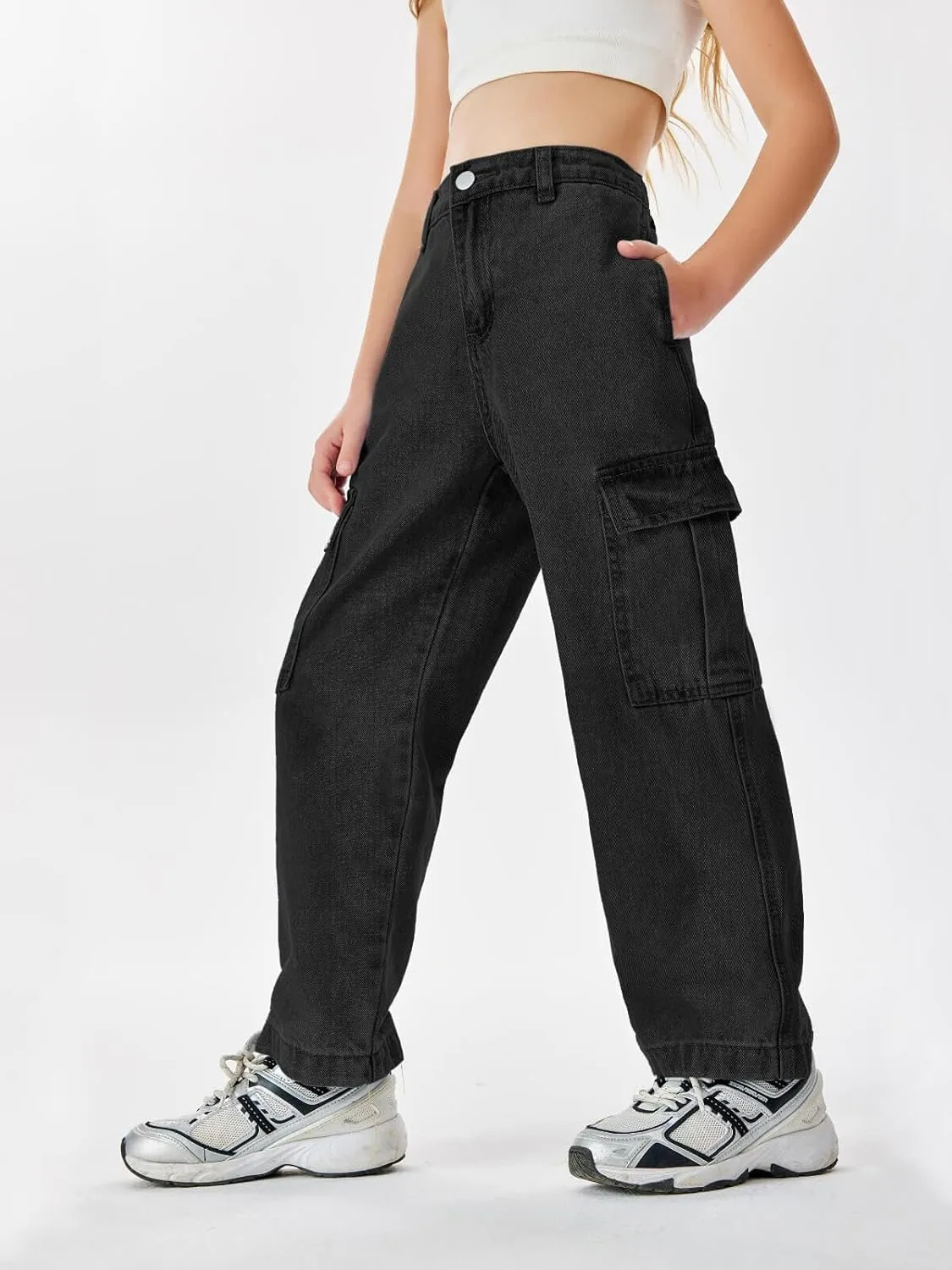 Haloumoning Girls Jeans Denim Elastic High Waisted Wide Leg Baggy Cargo Pants with Pockets 5-14 Years