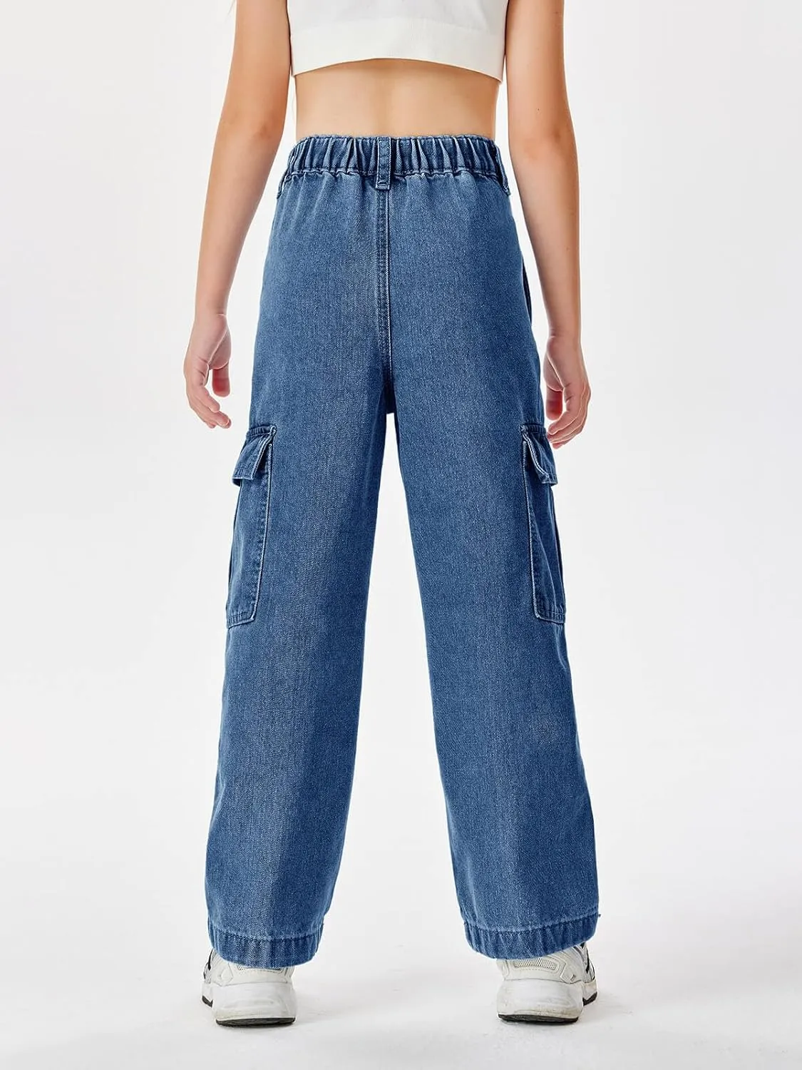 Haloumoning Girls Jeans Denim Elastic High Waisted Wide Leg Baggy Cargo Pants with Pockets 5-14 Years