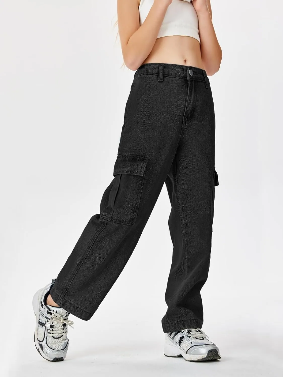 Haloumoning Girls Jeans Denim Elastic High Waisted Wide Leg Baggy Cargo Pants with Pockets 5-14 Years