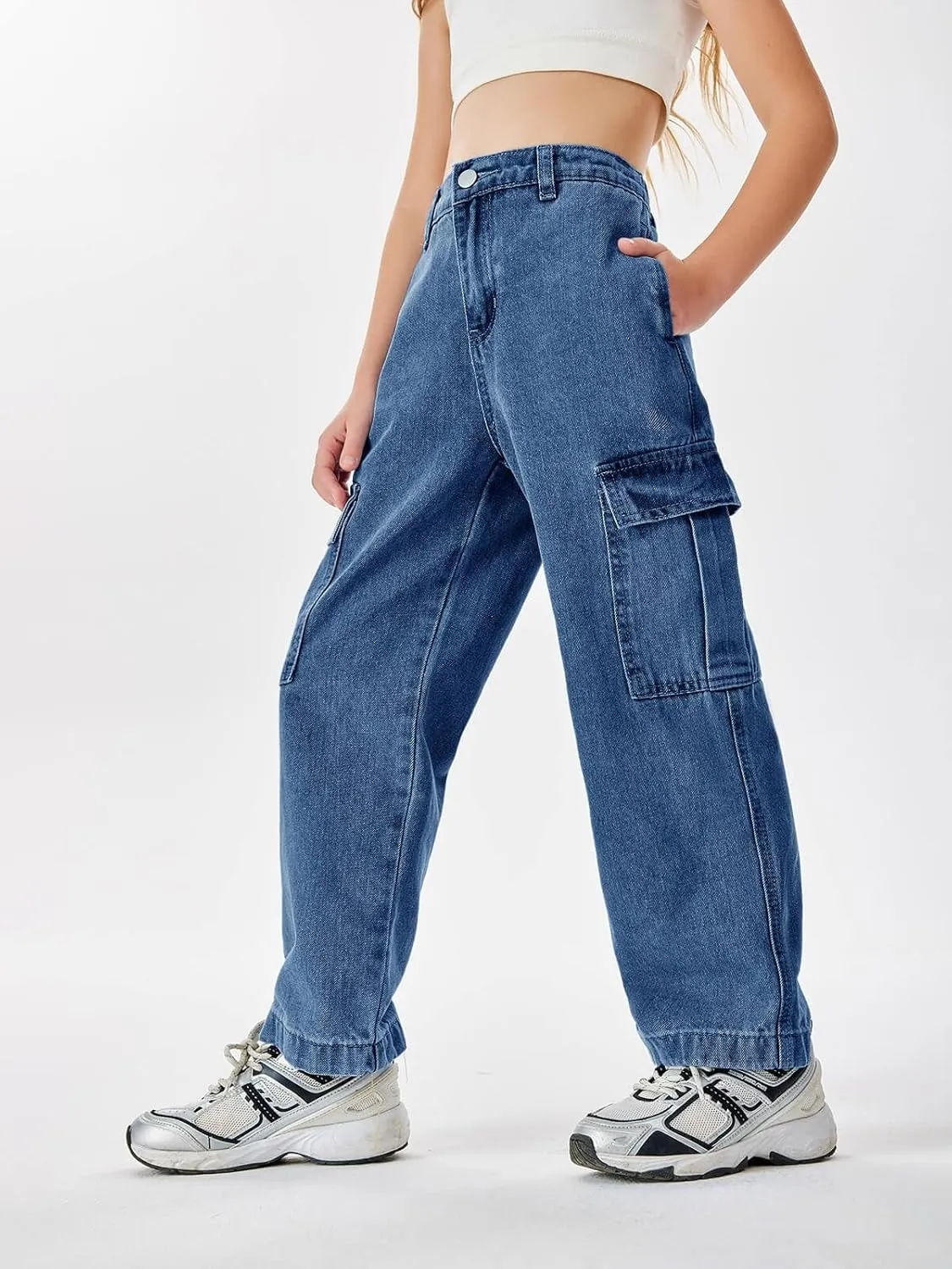 Haloumoning Girls Jeans Denim Elastic High Waisted Wide Leg Baggy Cargo Pants with Pockets 5-14 Years