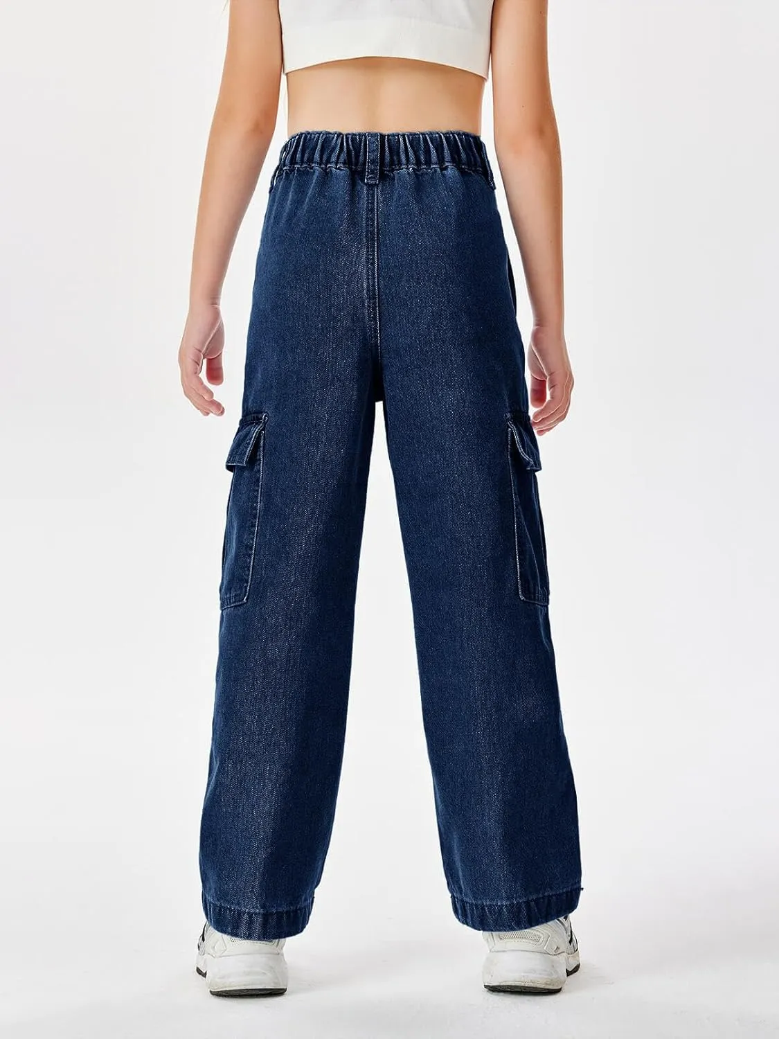 Haloumoning Girls Jeans Denim Elastic High Waisted Wide Leg Baggy Cargo Pants with Pockets 5-14 Years