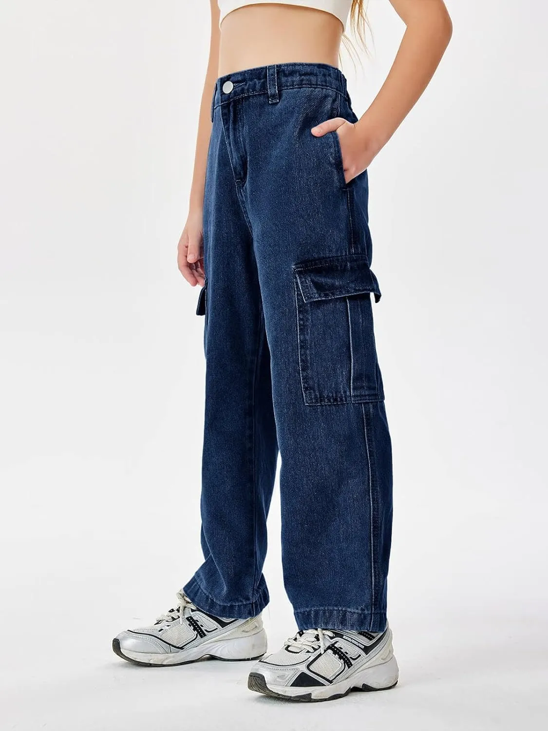 Haloumoning Girls Jeans Denim Elastic High Waisted Wide Leg Baggy Cargo Pants with Pockets 5-14 Years