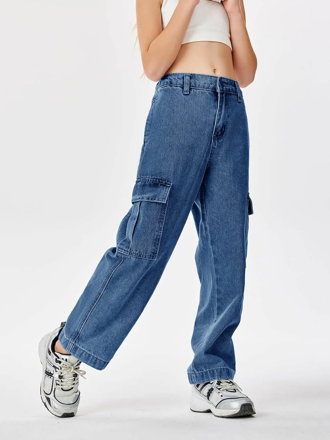 Haloumoning Girls Jeans Denim Elastic High Waisted Wide Leg Baggy Cargo Pants with Pockets 5-14 Years