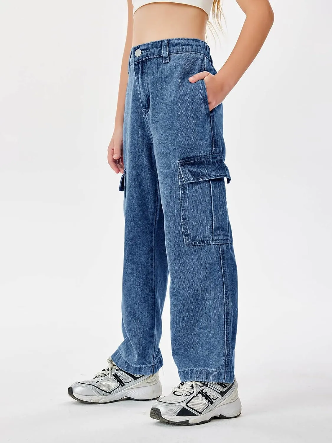 Haloumoning Girls Jeans Denim Elastic High Waisted Wide Leg Baggy Cargo Pants with Pockets 5-14 Years