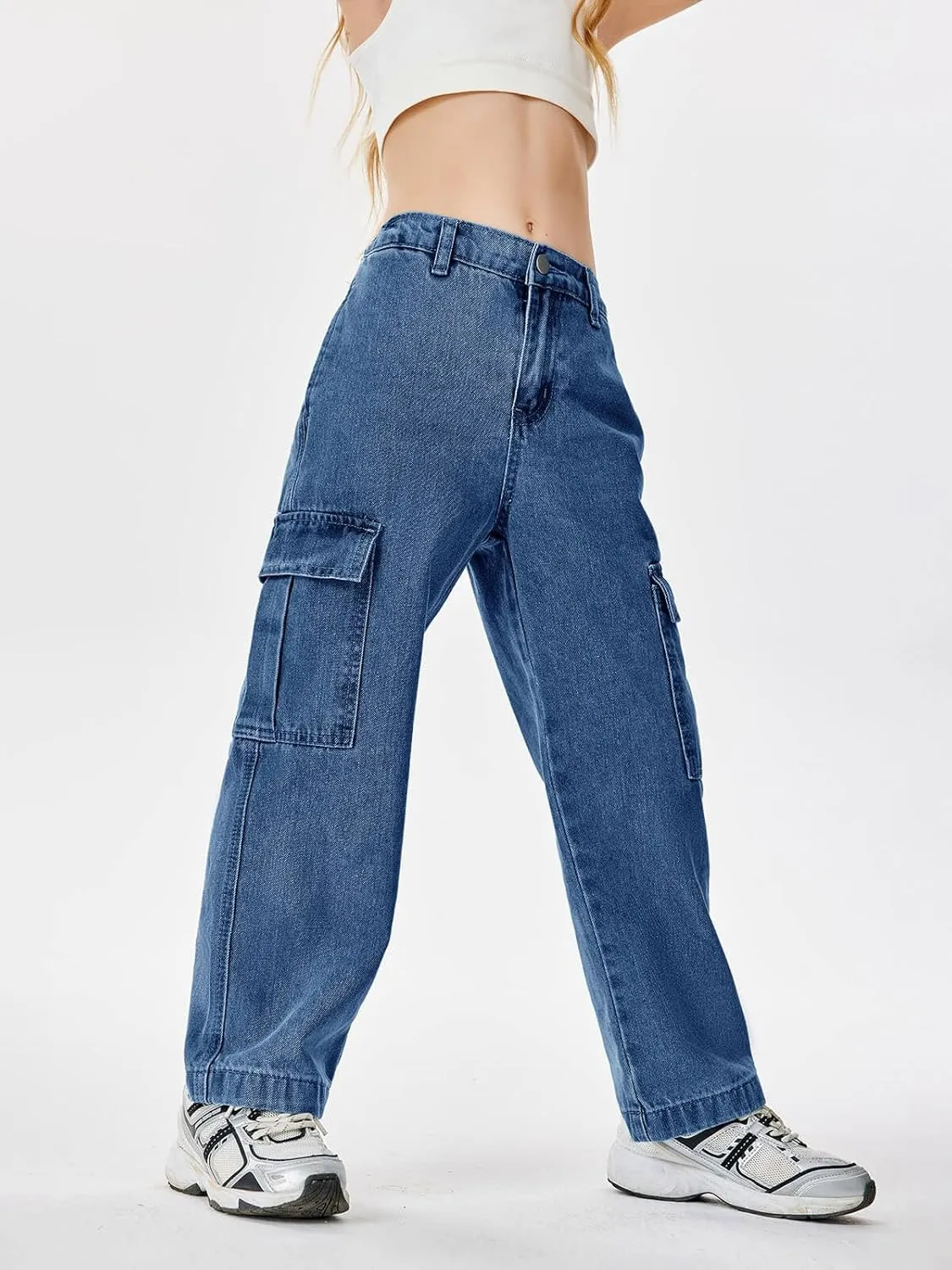 Haloumoning Girls Jeans Denim Elastic High Waisted Wide Leg Baggy Cargo Pants with Pockets 5-14 Years