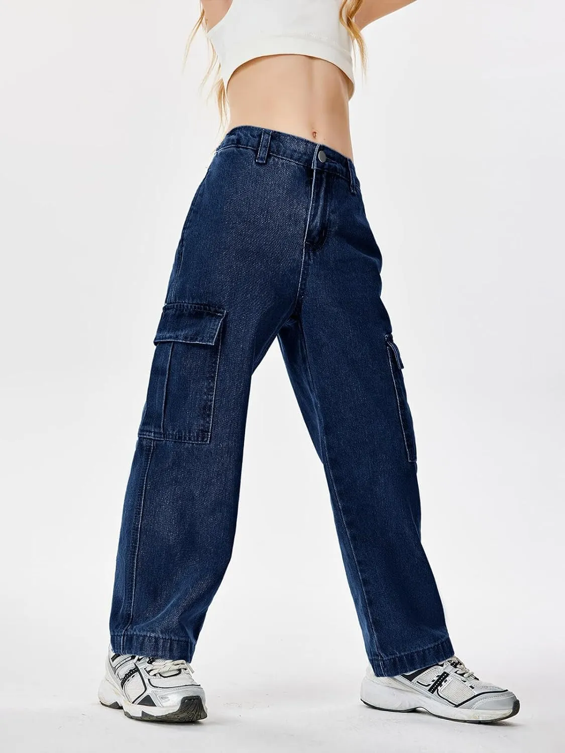 Haloumoning Girls Jeans Denim Elastic High Waisted Wide Leg Baggy Cargo Pants with Pockets 5-14 Years