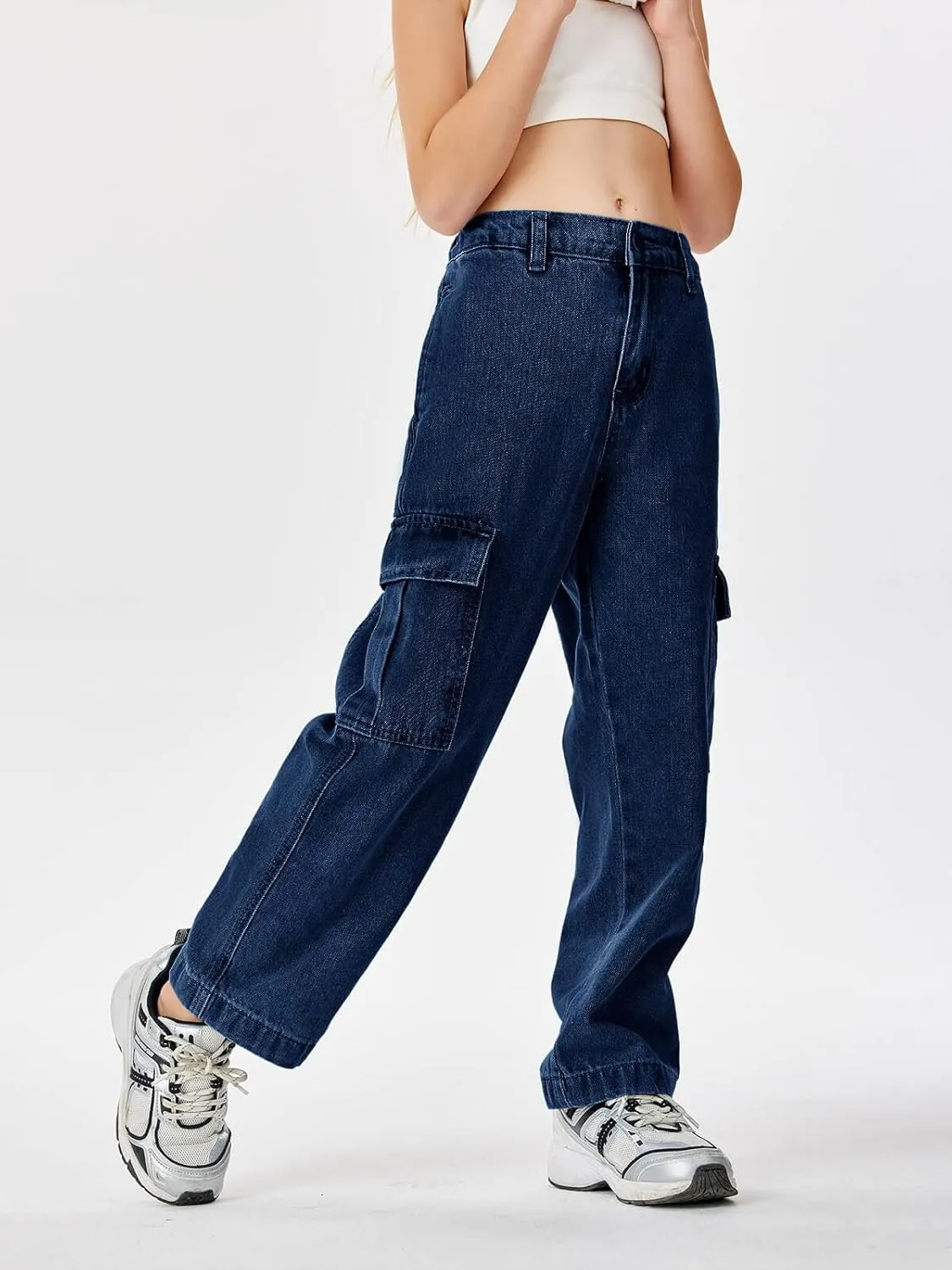 Haloumoning Girls Jeans Denim Elastic High Waisted Wide Leg Baggy Cargo Pants with Pockets 5-14 Years