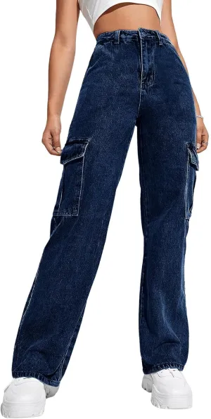 Haloumoning Girls Jeans Denim Elastic High Waisted Wide Leg Baggy Cargo Pants with Pockets 5-14 Years