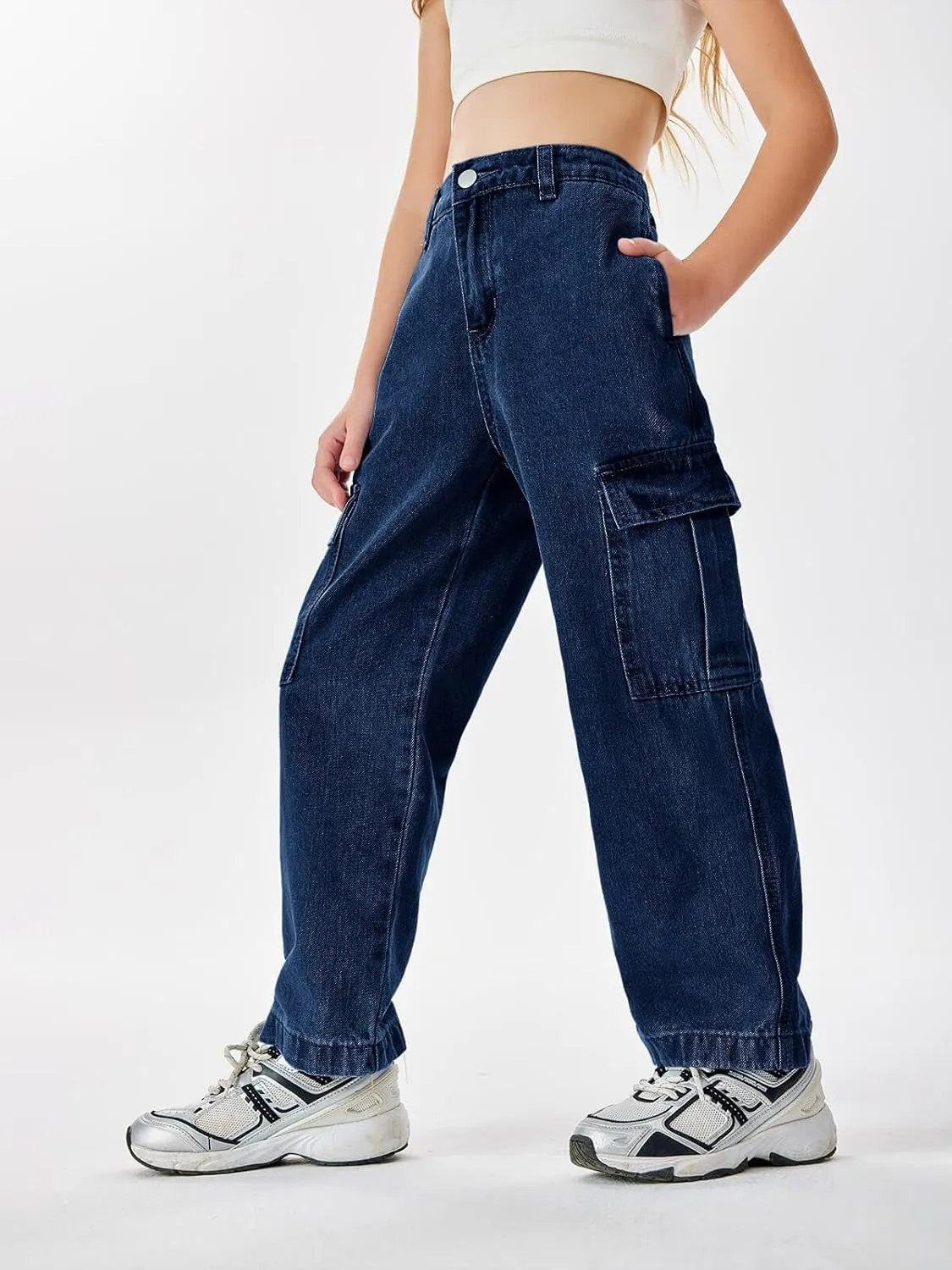 Haloumoning Girls Jeans Denim Elastic High Waisted Wide Leg Baggy Cargo Pants with Pockets 5-14 Years