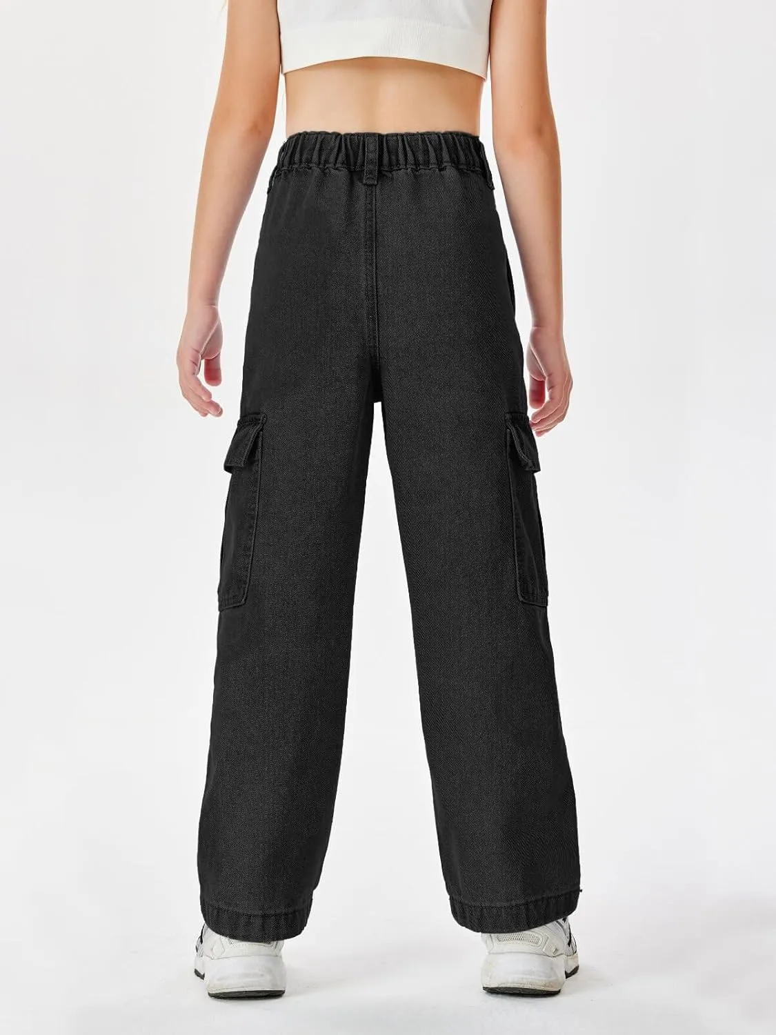 Haloumoning Girls Jeans Denim Elastic High Waisted Wide Leg Baggy Cargo Pants with Pockets 5-14 Years