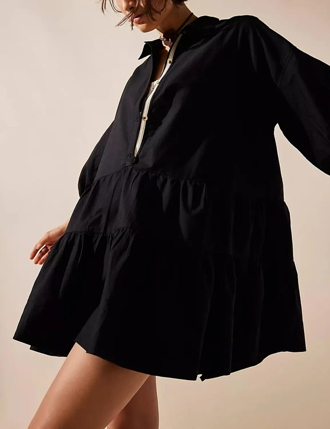 HangNiFang Women's Summer Babydoll Mini Dress Flowy Puff Sleeve Tiered Button Down Oversized Tunic Dress with Pockets