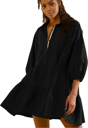 HangNiFang Women's Summer Babydoll Mini Dress Flowy Puff Sleeve Tiered Button Down Oversized Tunic Dress with Pockets