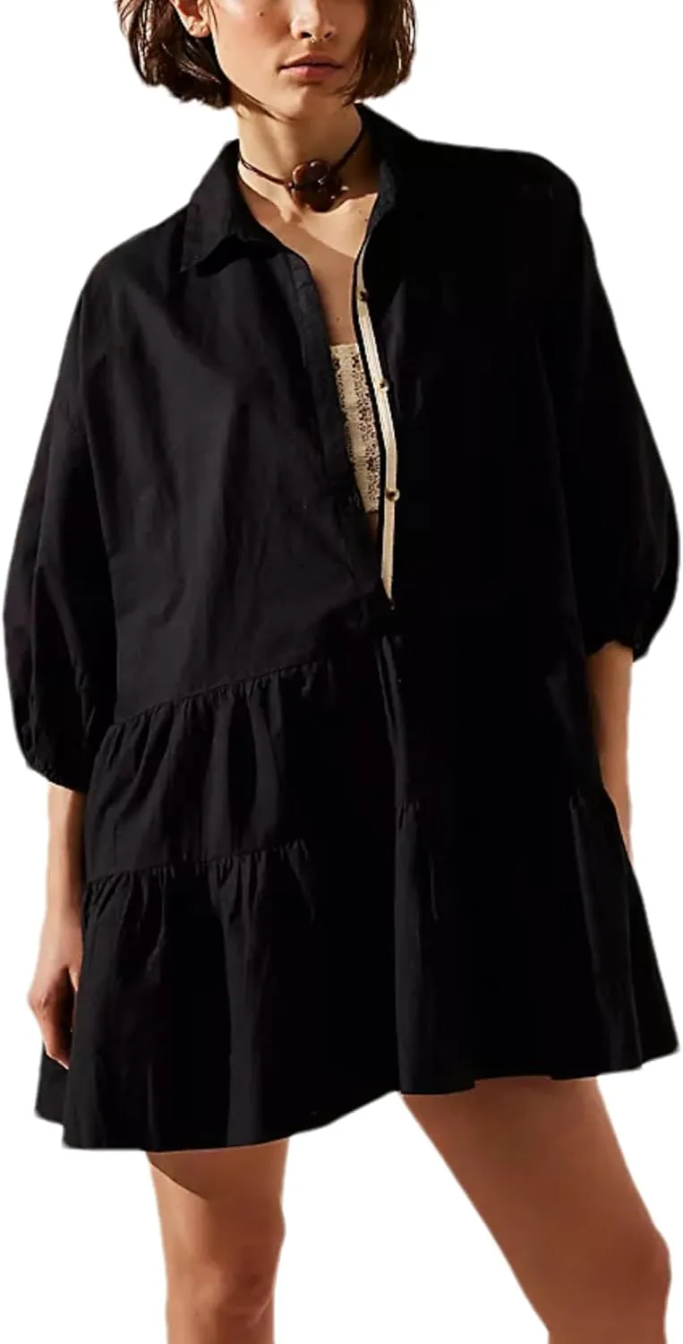 HangNiFang Women's Summer Babydoll Mini Dress Flowy Puff Sleeve Tiered Button Down Oversized Tunic Dress with Pockets