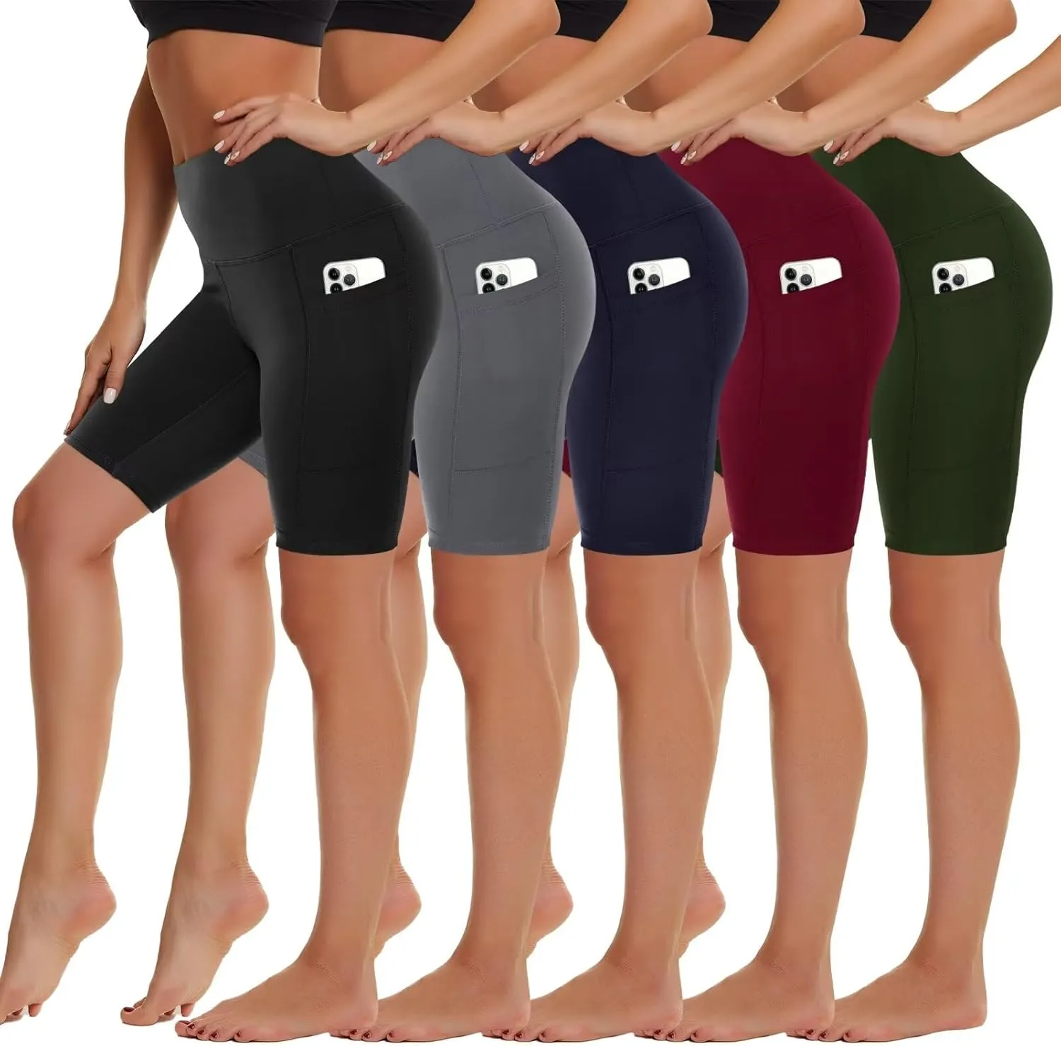 HIGHDAYS 5 Pack Biker Shorts with Pockets for Women - 5"/8" High Waist Spandex Workout Yoga Running Athletic