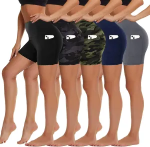 HIGHDAYS 5 Pack Biker Shorts with Pockets for Women - 5"/8" High Waist Spandex Workout Yoga Running Athletic