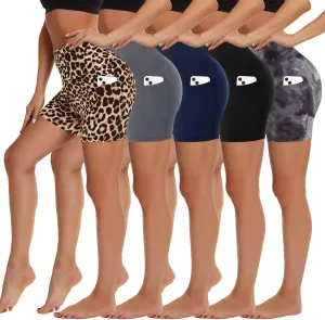 HIGHDAYS 5 Pack Biker Shorts with Pockets for Women - 5"/8" High Waist Spandex Workout Yoga Running Athletic