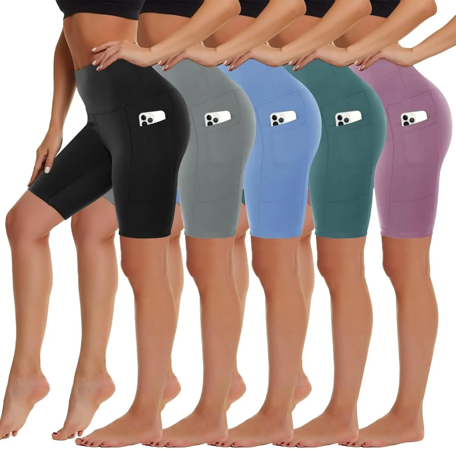HIGHDAYS 5 Pack Biker Shorts with Pockets for Women - 5"/8" High Waist Spandex Workout Yoga Running Athletic