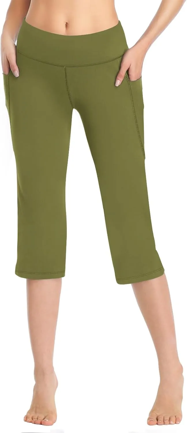 HISKYWIN Inner Pocket Yoga Pants 4 Way Stretch Tummy Control Workout Running Pants, Long Bootleg Flare Pants