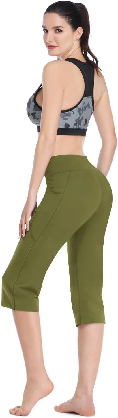 HISKYWIN Inner Pocket Yoga Pants 4 Way Stretch Tummy Control Workout Running Pants, Long Bootleg Flare Pants