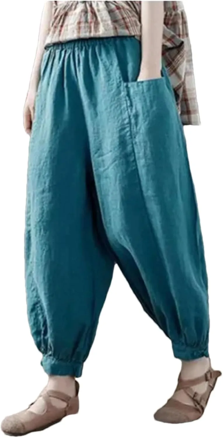 Hndudnff Women Summer Ankle-Length Pants Casual Loose Pocket Elastic Waist Harem Pants with Pockets