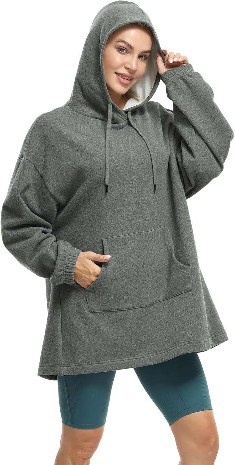 icyzone Women's Fleece Lined Hoodie Sweatshirt Tunics, Oversized Pullover with kangaroo Pocket & Drawstring