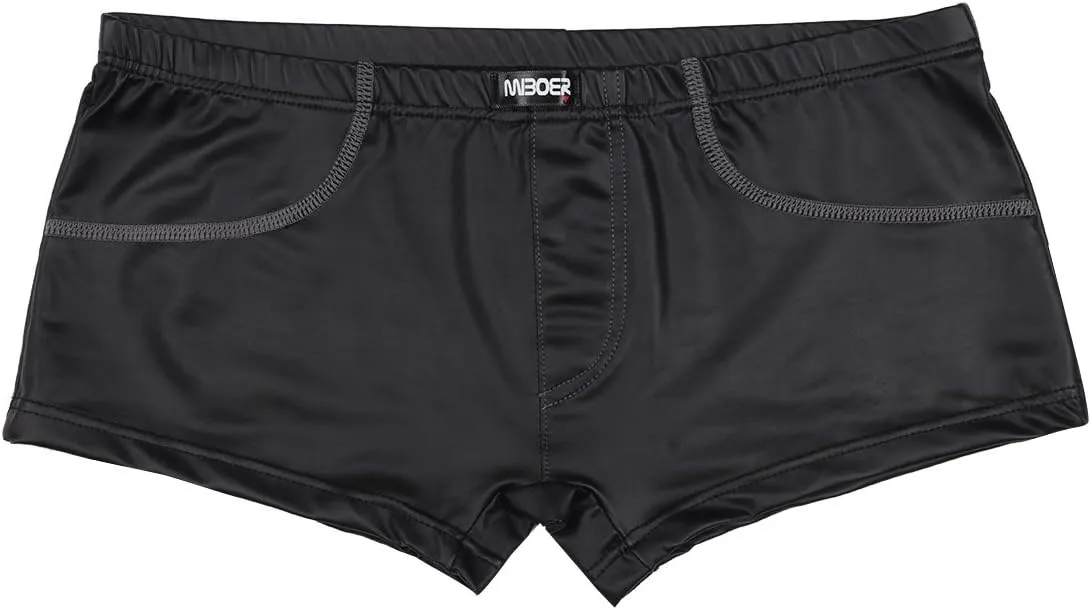 iEFiEL Men Patent Leather Lingerie Boxer Briefs Swim Shorts Cheek Underwear