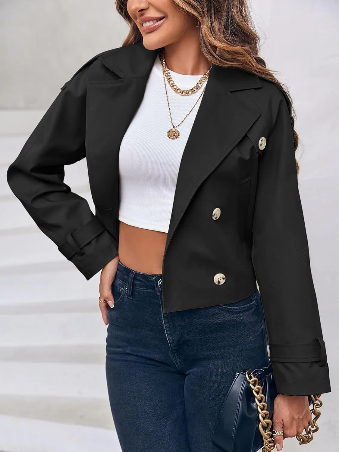 Imily Bela Womens Lapel Trench Coat Double Breasted Cropped Jacket Casual Outwear with Belt