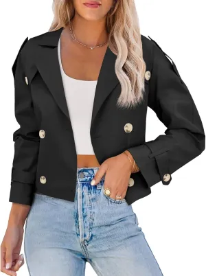 Imily Bela Womens Lapel Trench Coat Double Breasted Cropped Jacket Casual Outwear with Belt