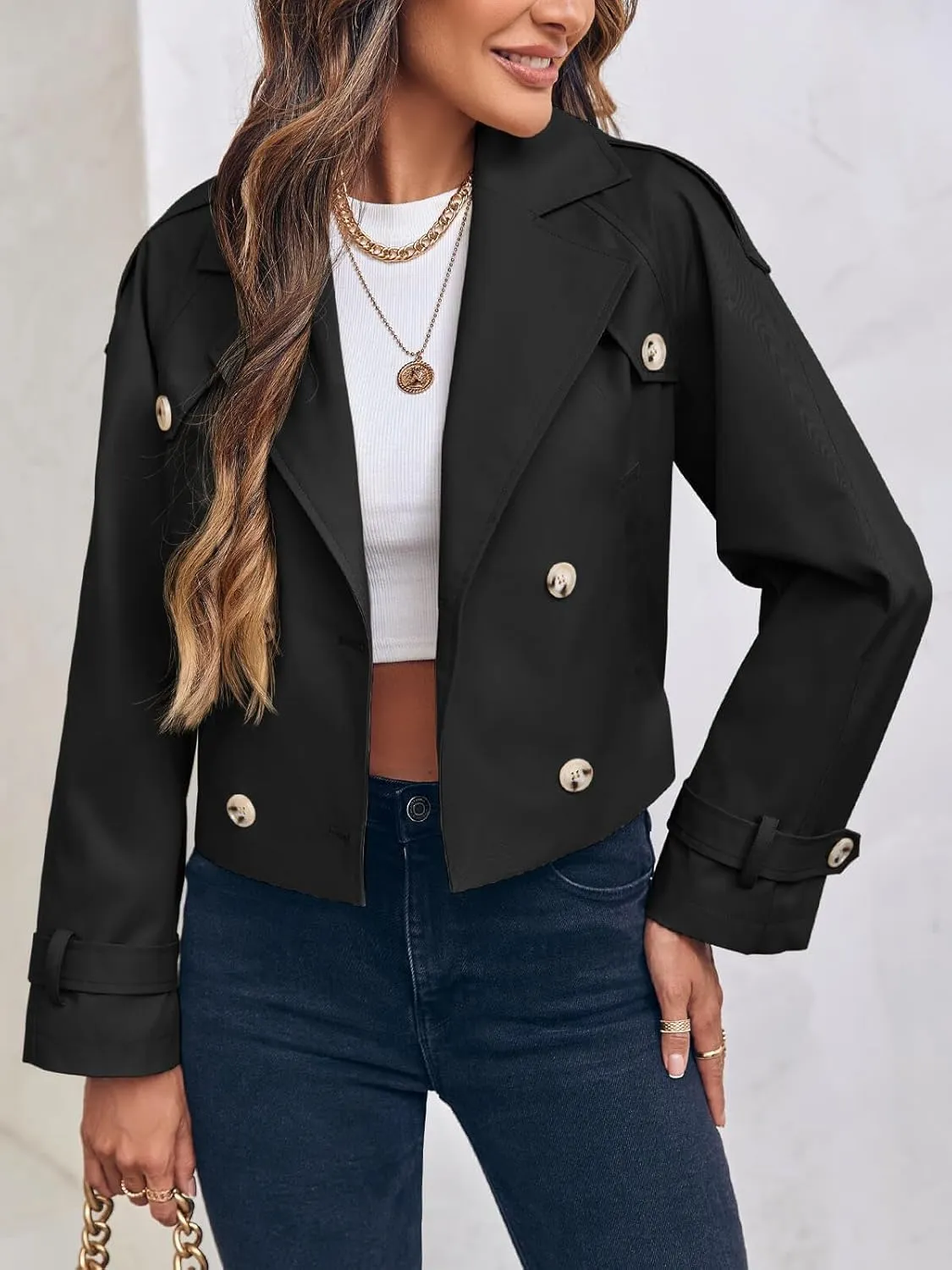 Imily Bela Womens Lapel Trench Coat Double Breasted Cropped Jacket Casual Outwear with Belt