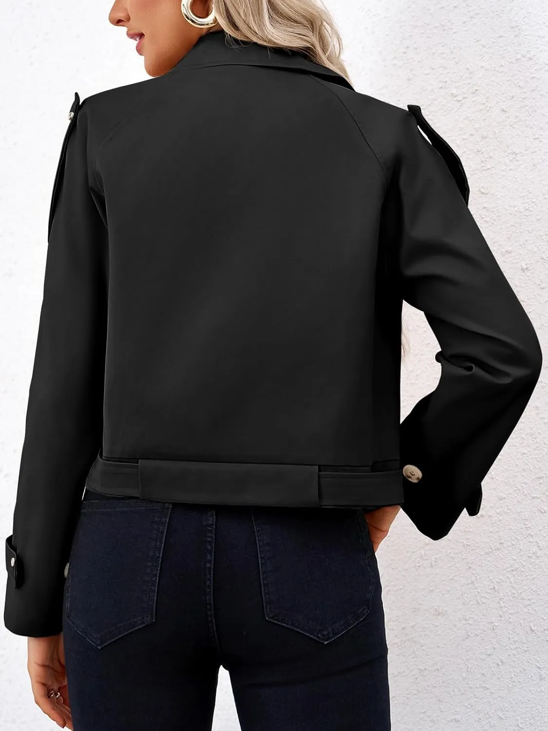 Imily Bela Womens Lapel Trench Coat Double Breasted Cropped Jacket Casual Outwear with Belt