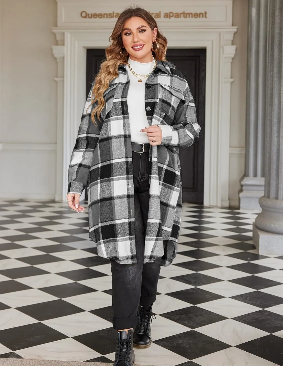 IN'VOLAND Womens Plus Size Flannel Plaid Shirts Long Sleeve Lounge Lapel Boyfriend Button Down Tartan Long Jacket Coats