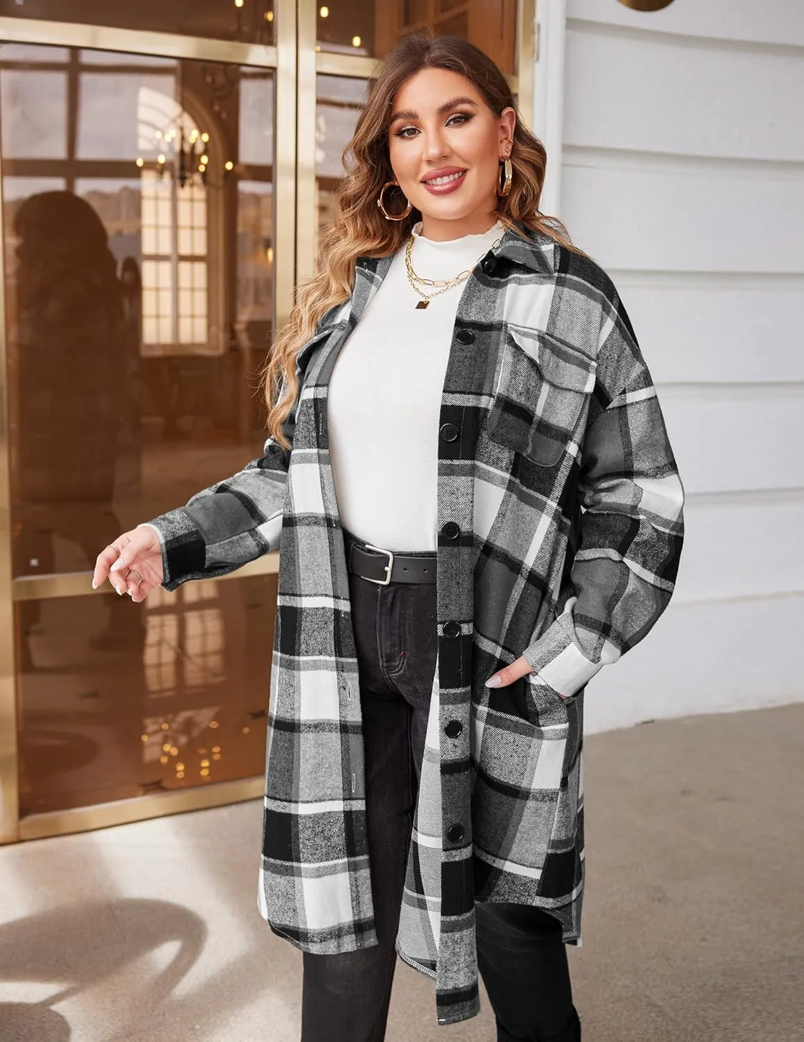 IN'VOLAND Womens Plus Size Flannel Plaid Shirts Long Sleeve Lounge Lapel Boyfriend Button Down Tartan Long Jacket Coats