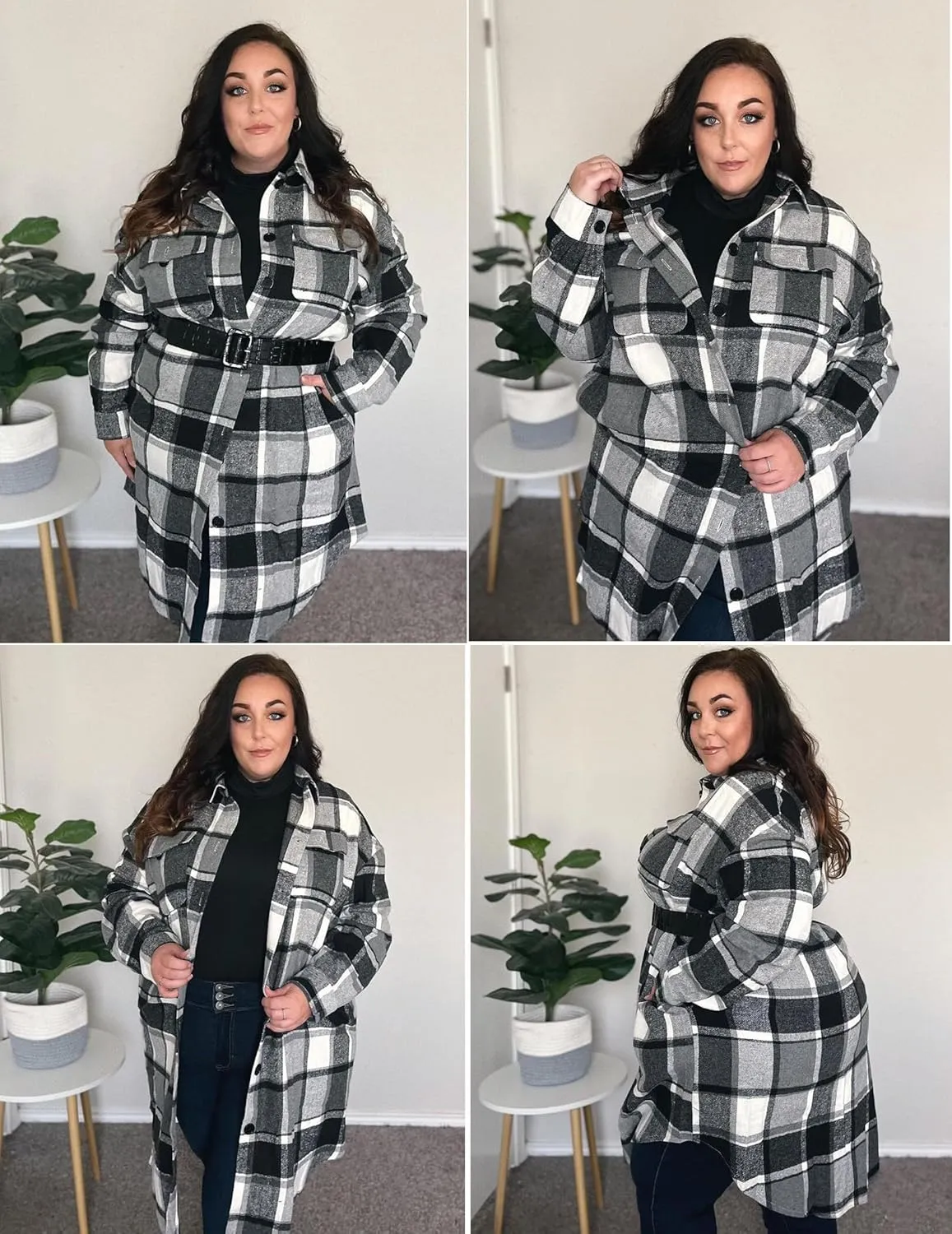 IN'VOLAND Womens Plus Size Flannel Plaid Shirts Long Sleeve Lounge Lapel Boyfriend Button Down Tartan Long Jacket Coats