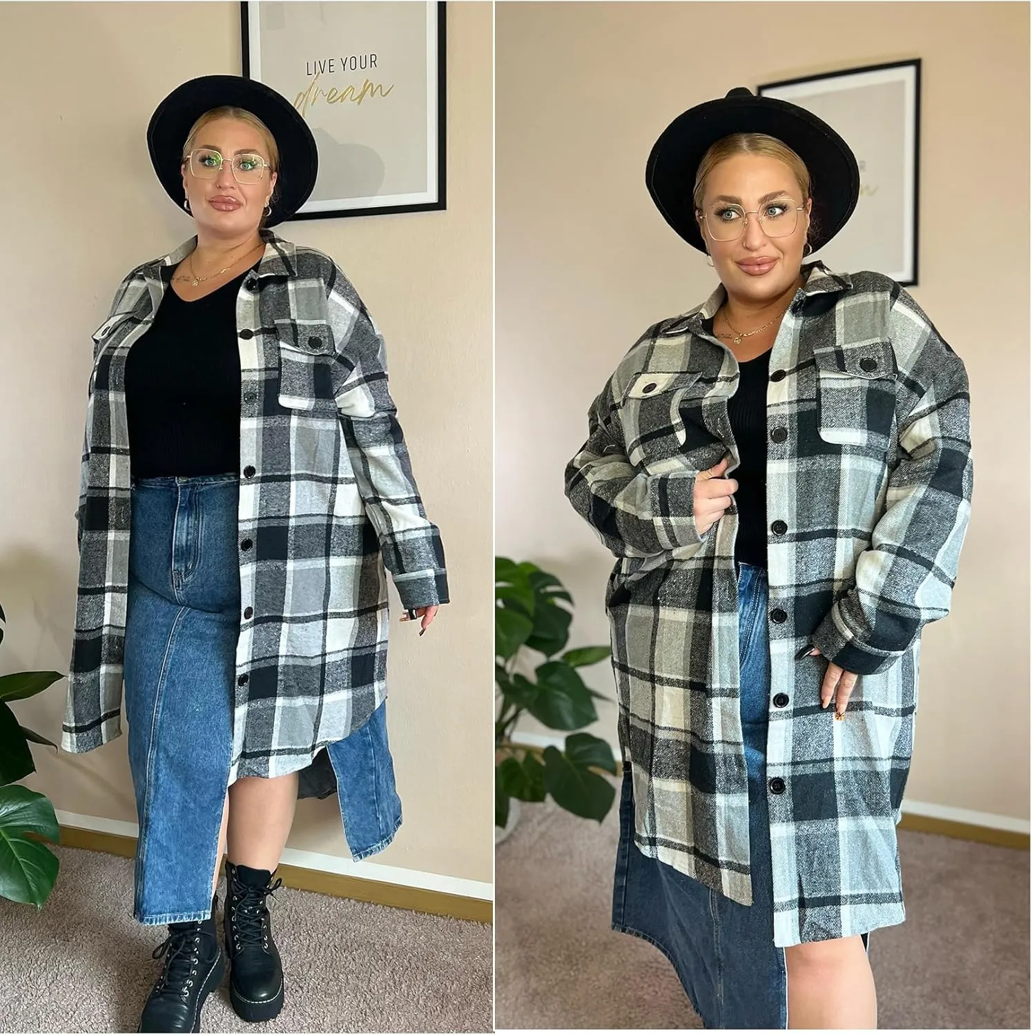 IN'VOLAND Womens Plus Size Flannel Plaid Shirts Long Sleeve Lounge Lapel Boyfriend Button Down Tartan Long Jacket Coats