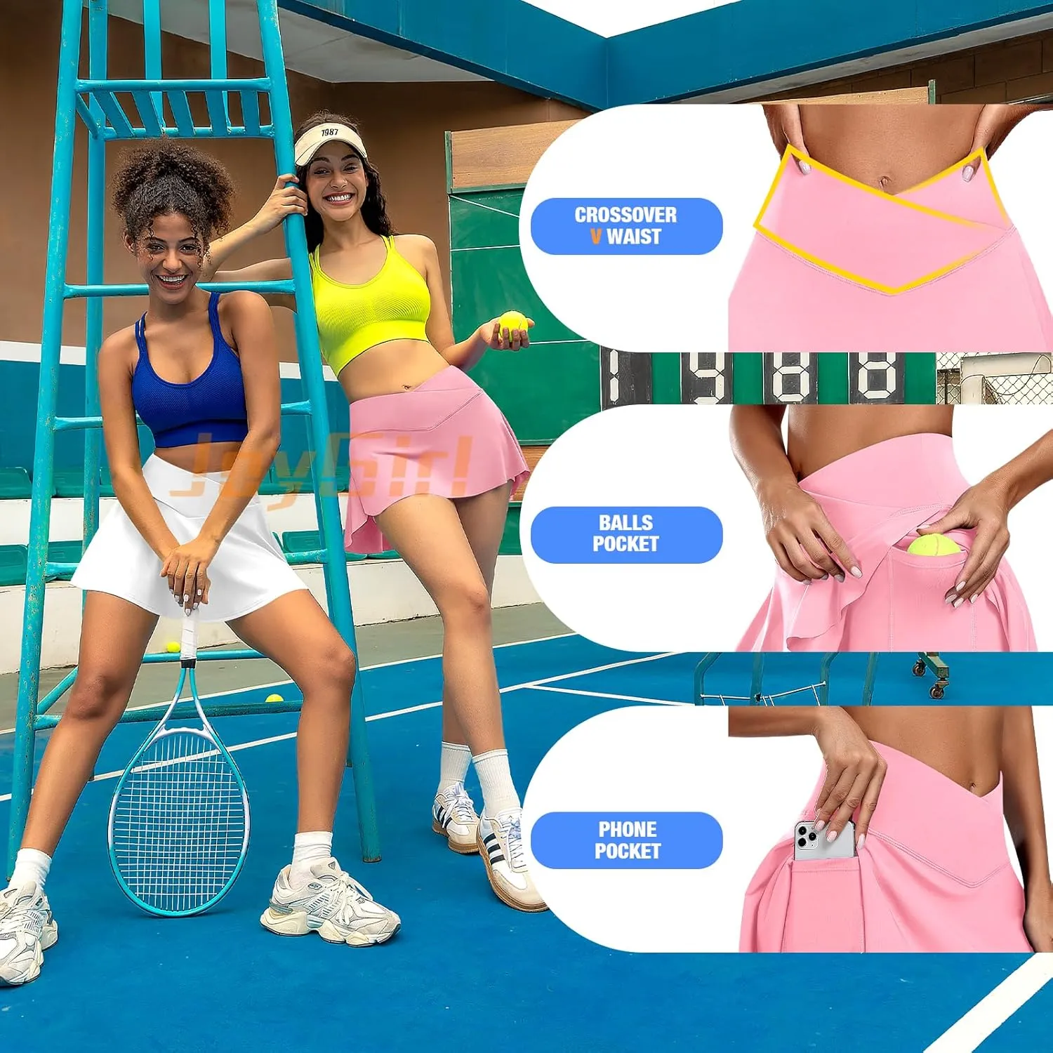 JoyGirl Womens Tennis Skirt with Shorts Crossover Golf Skort Mini High Waisted Workout Athletic Skorts Skirts with Pockets