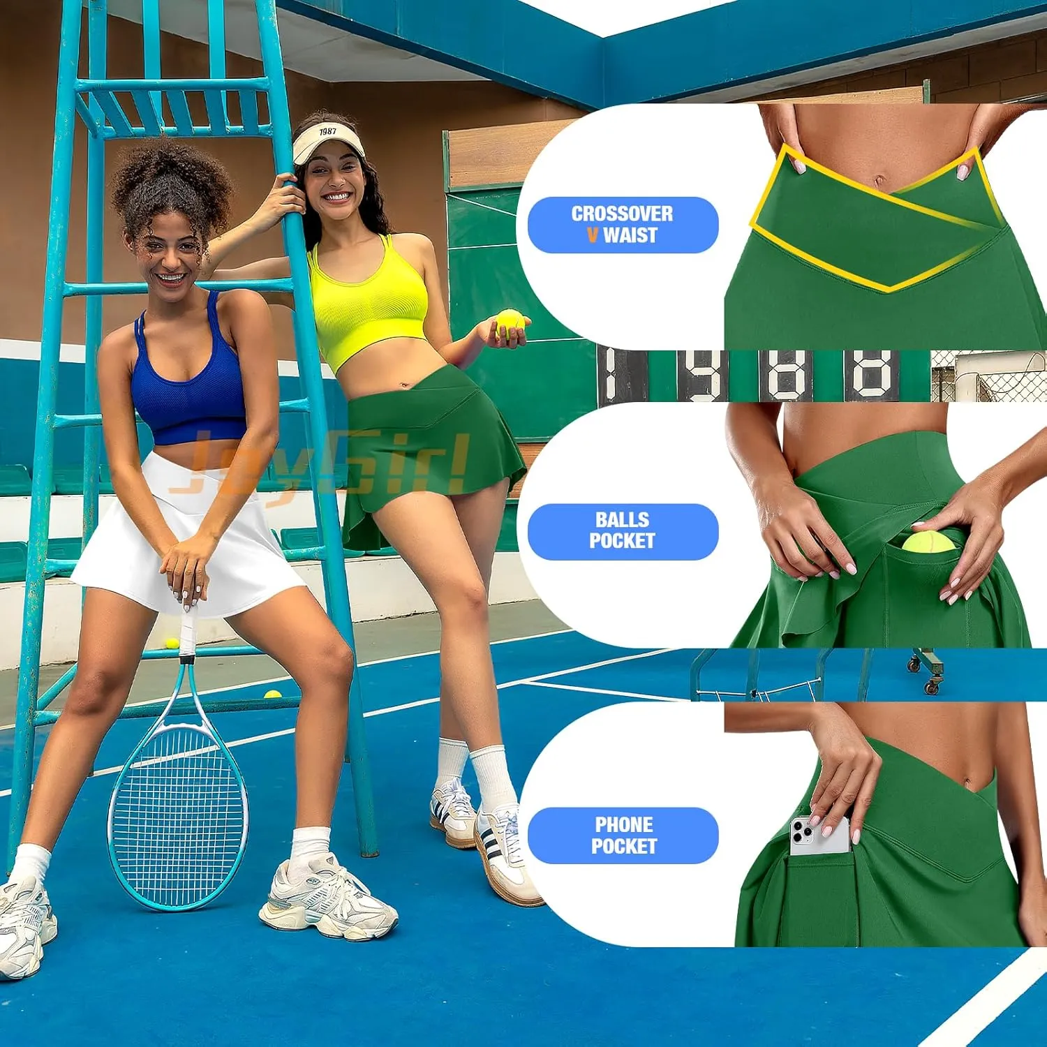 JoyGirl Womens Tennis Skirt with Shorts Crossover Golf Skort Mini High Waisted Workout Athletic Skorts Skirts with Pockets