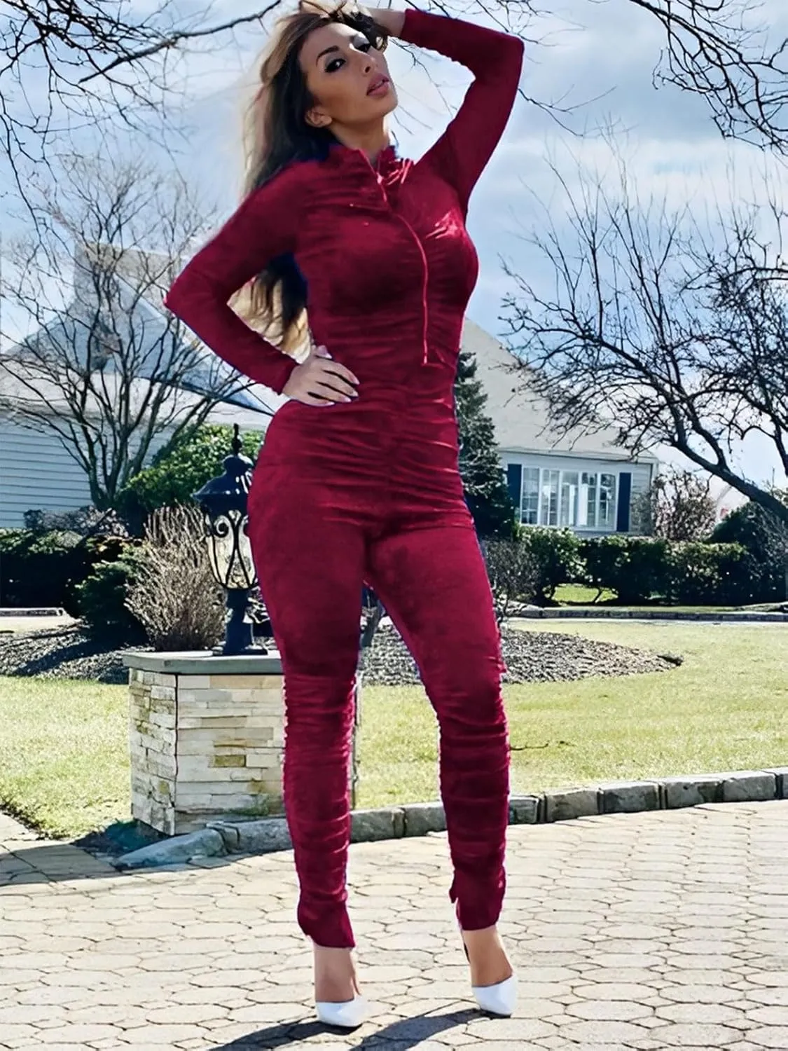 KANSOON Track Suits for Women Set 2 Piece Sweatsuits Outfits Velour Ruched Long Sleeve Zip Up Jacket and Pants Sets