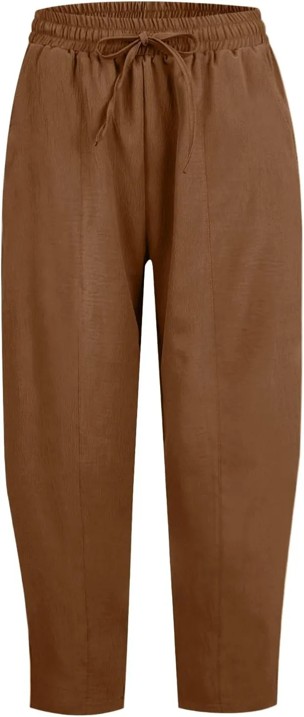 Linen Harem Pants Women Casual Summer High Waisted Beach Pants Baggy Lightweight Cropped Pant with Pockets