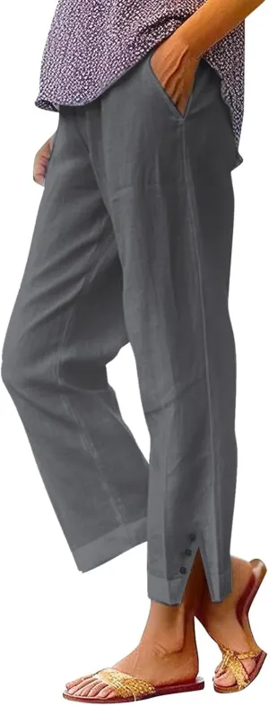 Linen Pants for Women Cotton Casual Elastic Waist Drawstring Straight Wide Leg Plus Size Capri Pant with Pockets 2025