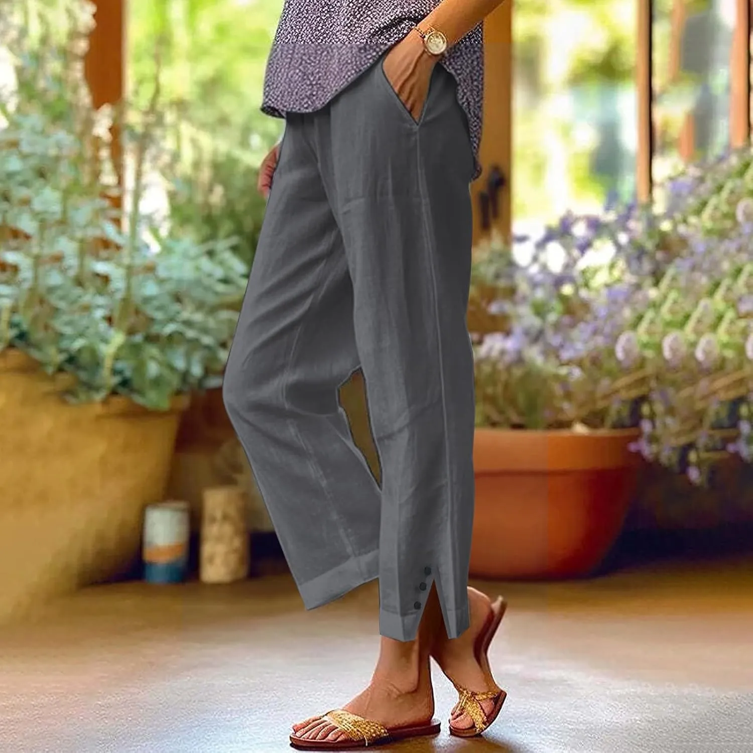 Linen Pants for Women Cotton Casual Elastic Waist Drawstring Straight Wide Leg Plus Size Capri Pant with Pockets 2025