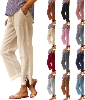 Linen Pants for Women Cotton Casual Elastic Waist Drawstring Straight Wide Leg Plus Size Capri Pant with Pockets 2025