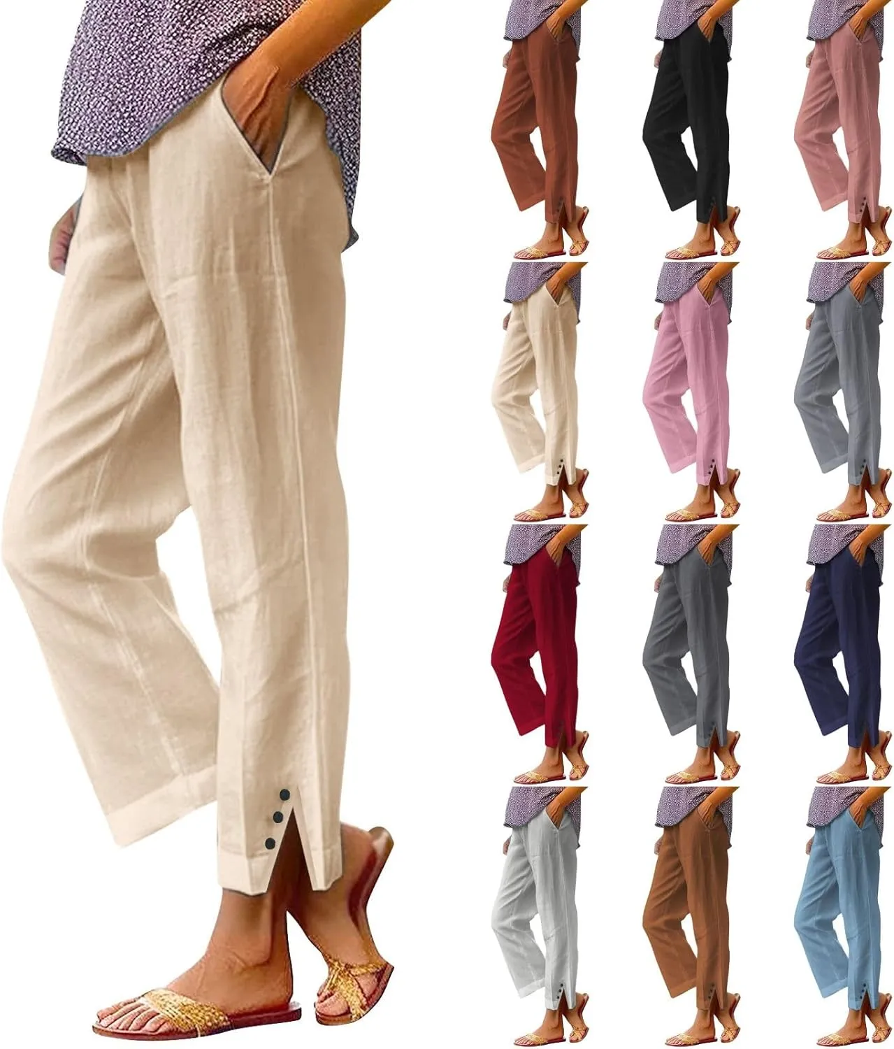 Linen Pants for Women Cotton Casual Elastic Waist Drawstring Straight Wide Leg Plus Size Capri Pant with Pockets 2025