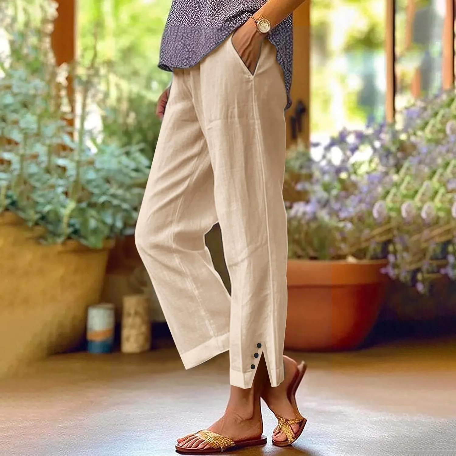 Linen Pants for Women Cotton Casual Elastic Waist Drawstring Straight Wide Leg Plus Size Capri Pant with Pockets 2025