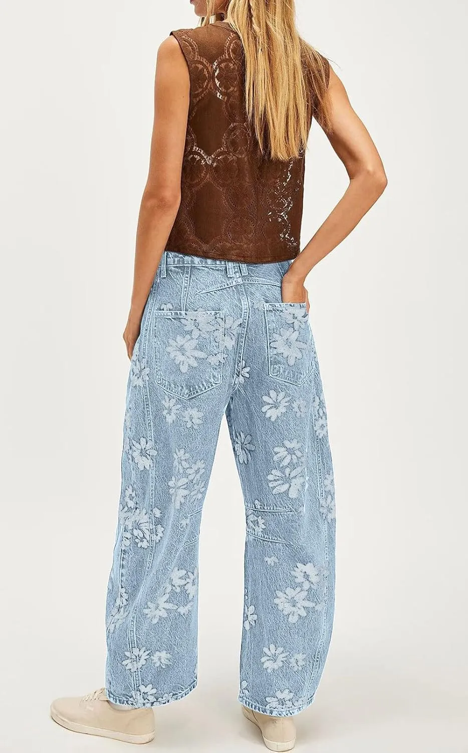 loveimgs Women Y2k Distressed Barrel Jeans Baggy Wide Leg Jeans Floral Printed Boyfriend Patchwork Denim Pants
