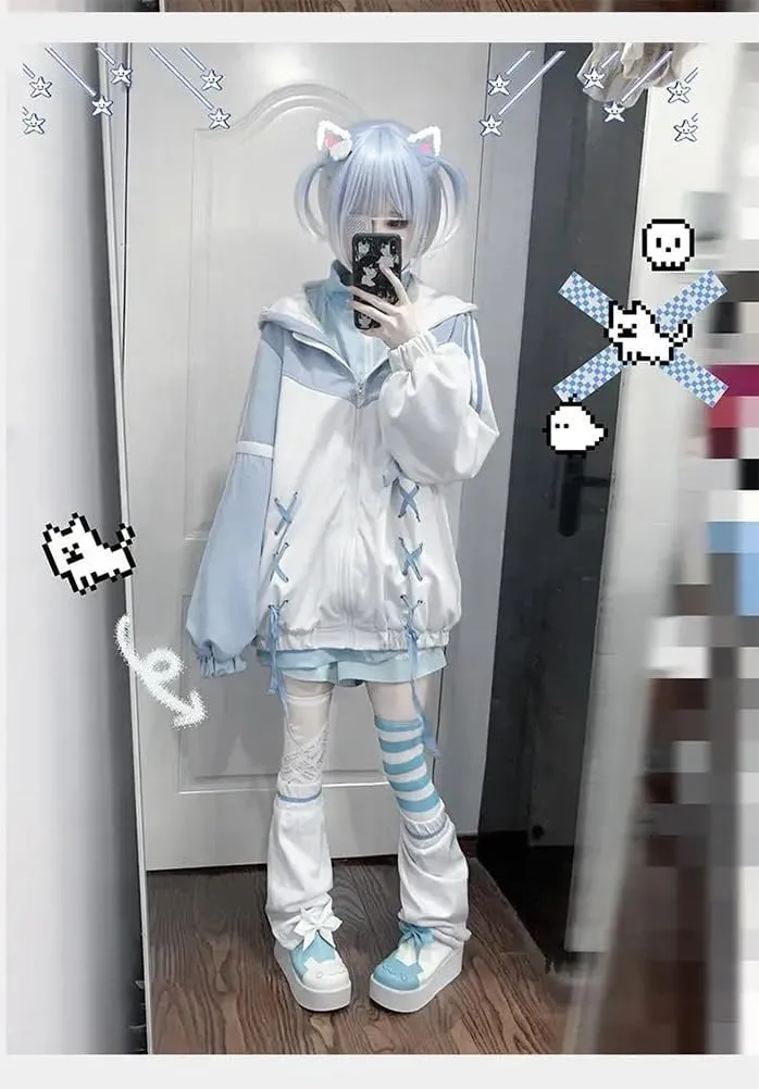 Lunoakvo Women Harajuku Zip Up Hoodie Causal Oversized Hooded Ear Outwear Bandage Y2k Jacket Coats