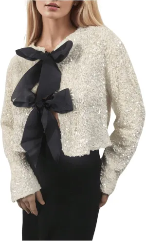 MakeMeChic Women's Sequin Glitter Bow Front Cardigan Long Sleeve Elegant Cropped Jacket