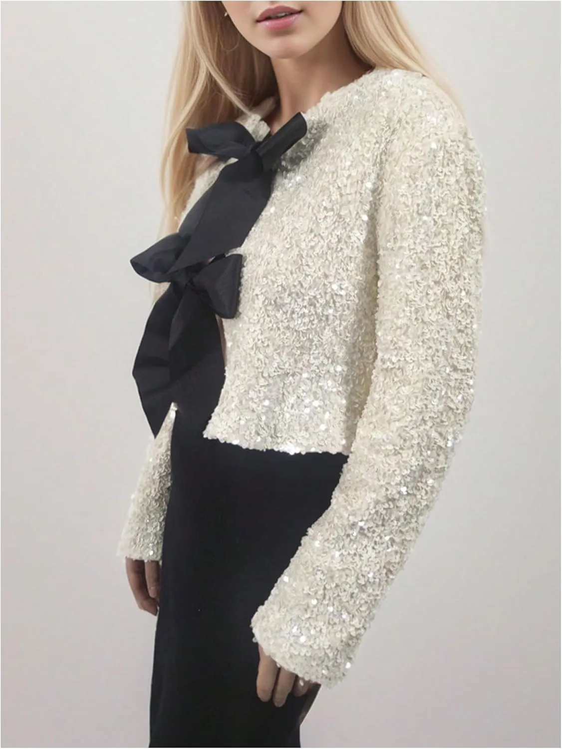 MakeMeChic Women's Sequin Glitter Bow Front Cardigan Long Sleeve Elegant Cropped Jacket